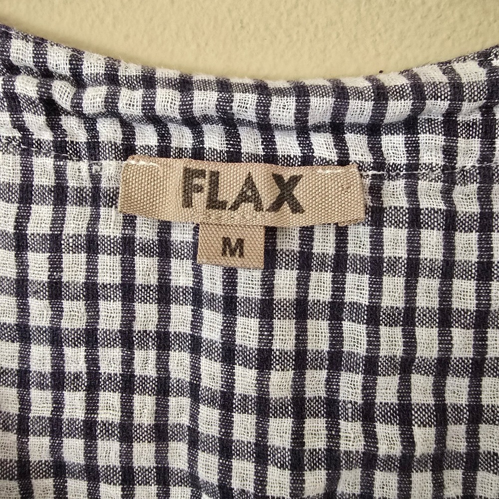 FLAX Women Navy White Gingham Linen V-Neck Button Front Boxy Top Size M - Picture 4 of 7